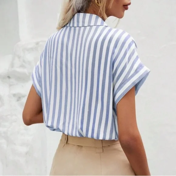 🌻4/$20 SHEIN Curve Frenchy Women's Blue White Striped Batwing Sleeve Shirt 2XL - Picture 2 of 8